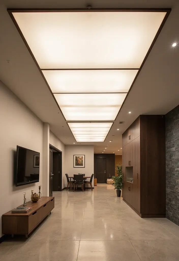 25 Basement Ceiling Ideas That Hide Imperfections With Style - 10. Light Panels for Modern Minimalism