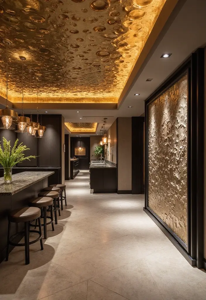 25 Basement Ceiling Ideas That Hide Imperfections With Style - 21. Metallic Accents for Glamorous Touches