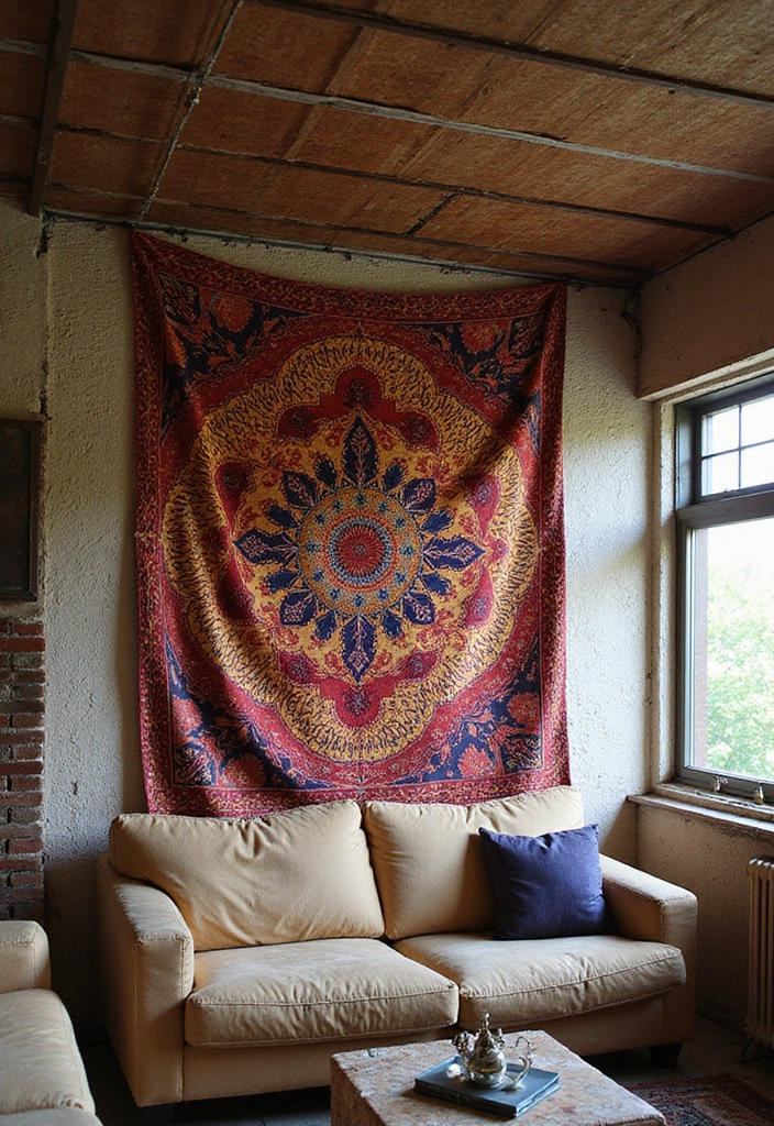 25 Basement Ceiling Ideas That Hide Imperfections With Style - 22. Wall Tapestry as Ceiling Art