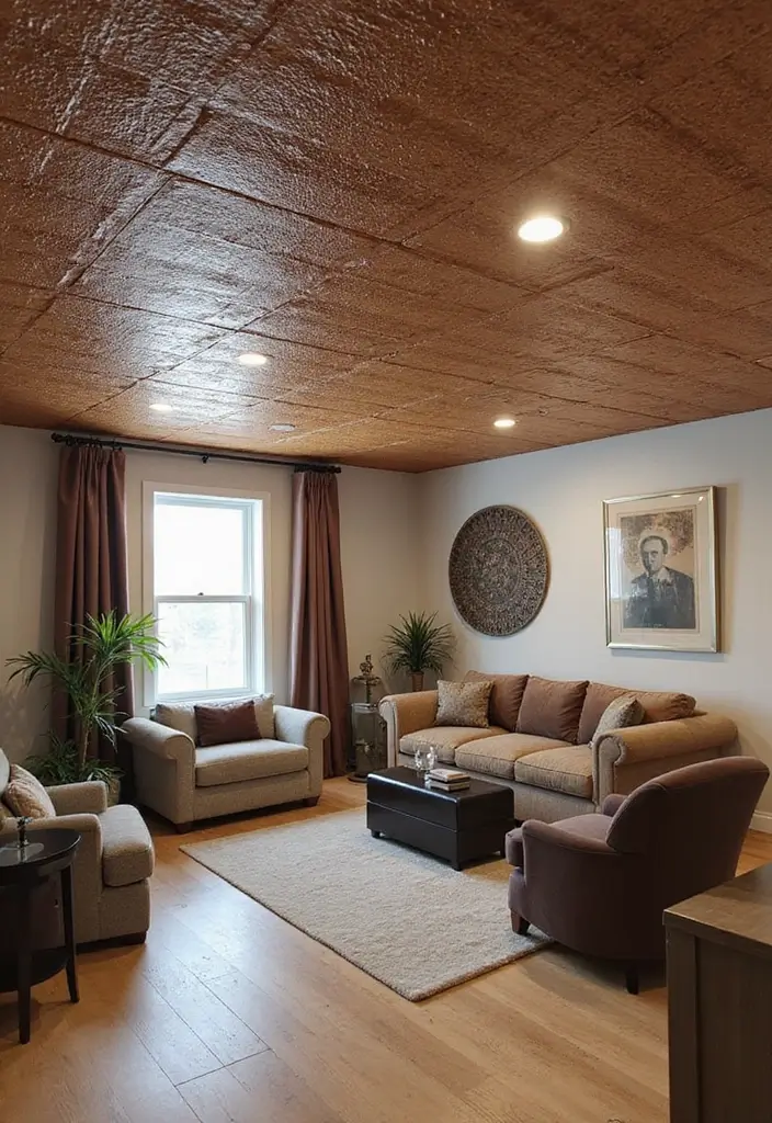 25 Basement Ceiling Ideas That Hide Imperfections With Style - 24. Textured Wallpaper for Depth and Character