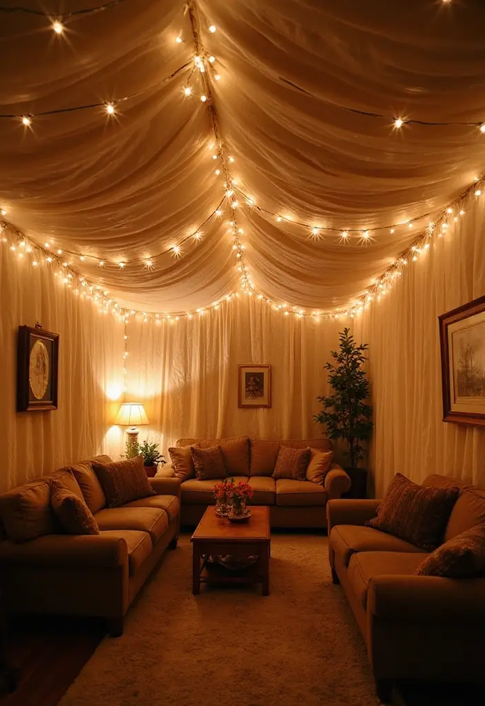 25 Basement Ceiling Ideas That Hide Imperfections With Style - 4. Fabric Draping for Soft Elegance