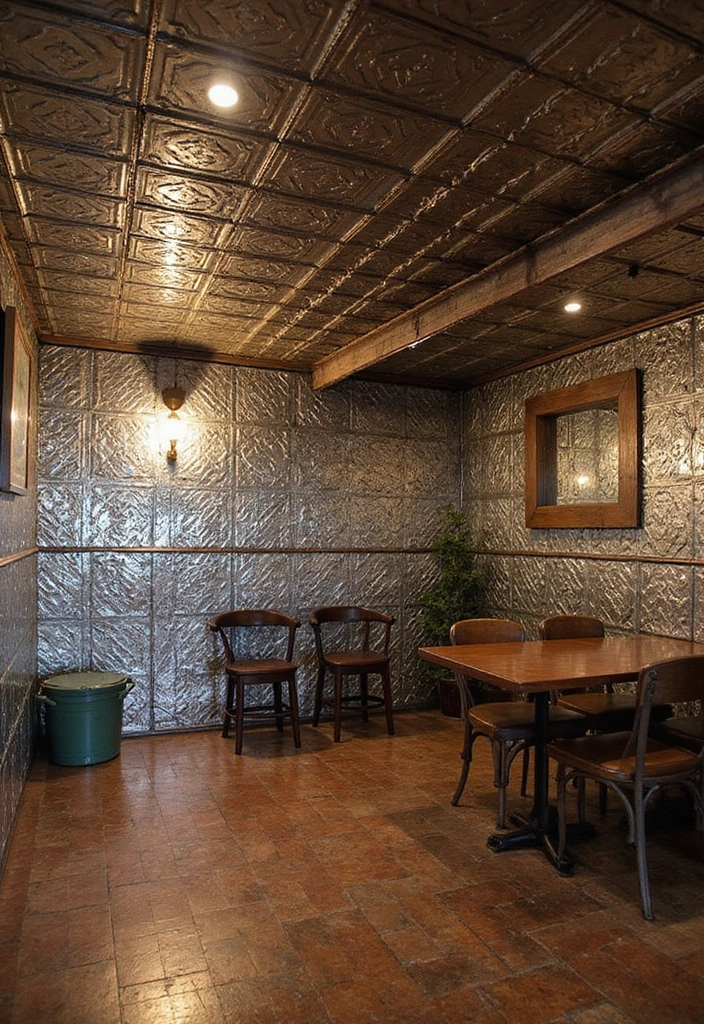 25 Basement Ceiling Ideas That Hide Imperfections With Style - 5. Tin Ceiling Tiles for Vintage Appeal