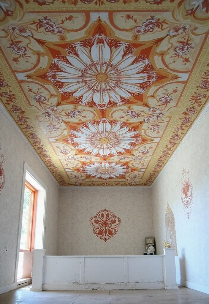 25 Basement Ceiling Ideas That Hide Imperfections With Style - 9. Stenciled Patterns for Artistic Flair
