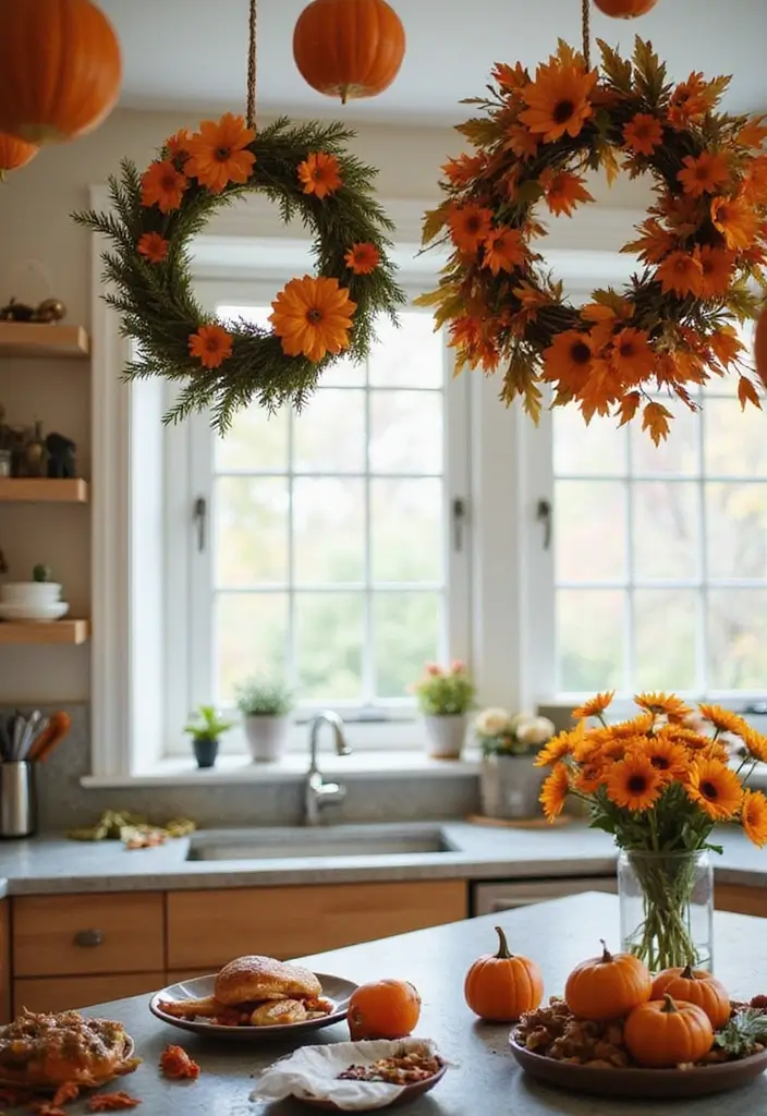 25 Fall Ceiling Designs for Kitchen That Add Cozy Charm - 11. Fall-Themed Hanging Decor
