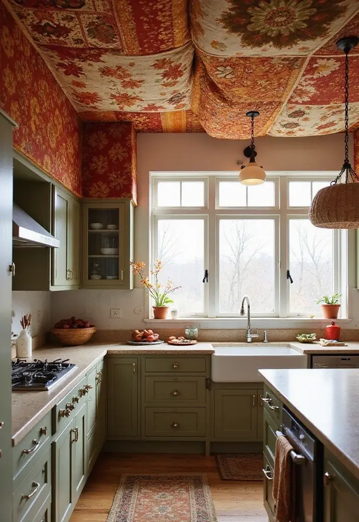 25 Fall Ceiling Designs for Kitchen That Add Cozy Charm - 24. Fall-Inspired Ceiling Textiles