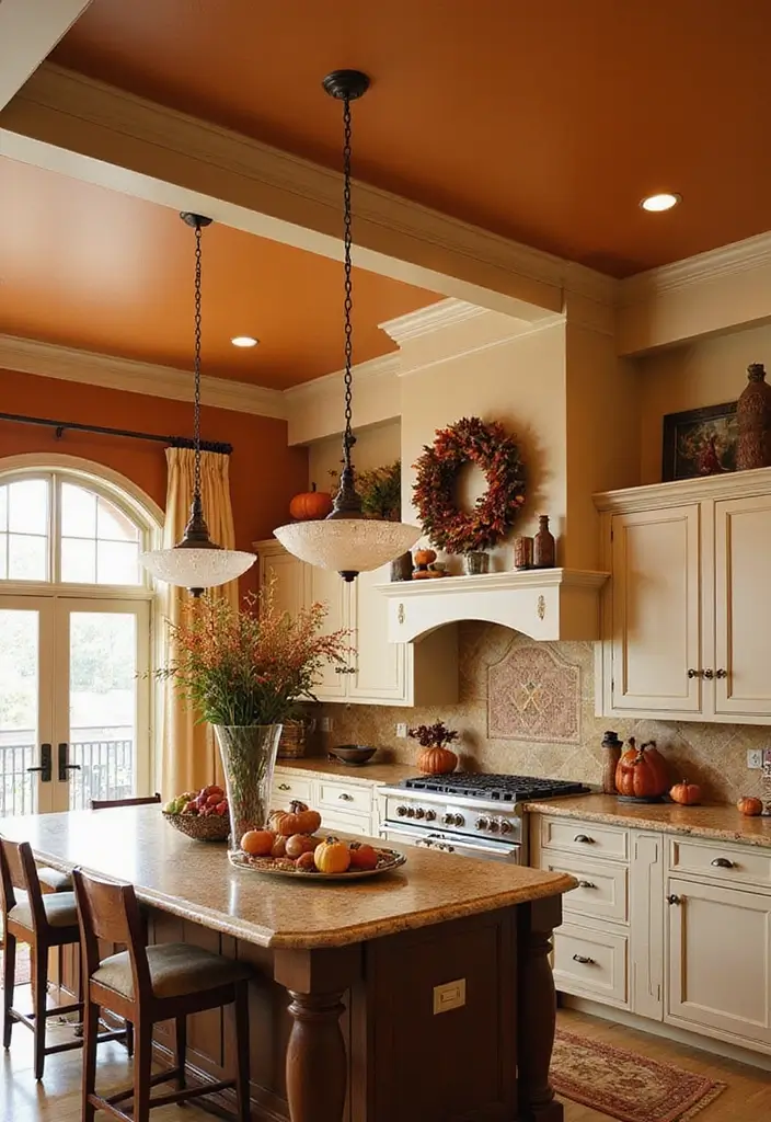 25 Fall Ceiling Designs for Kitchen That Add Cozy Charm - 9. Ceiling Molding with Autumn Accents
