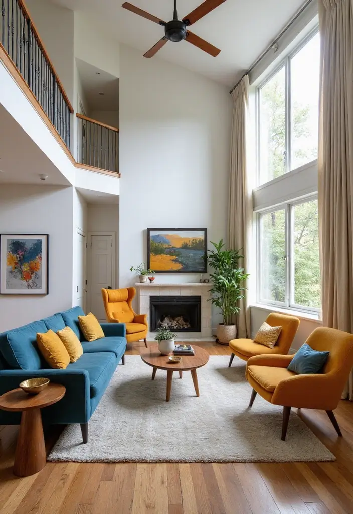 25 High Ceiling Living Room Designs That Feel Grand and Airy - 11. Mid-Century Modern Touches