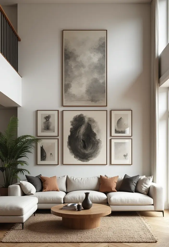 25 High Ceiling Living Room Designs That Feel Grand and Airy - 12. Artwork at Height