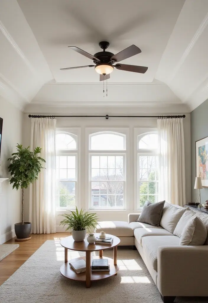 25 High Ceiling Living Room Designs That Feel Grand and Airy - 18. Ceiling Fans