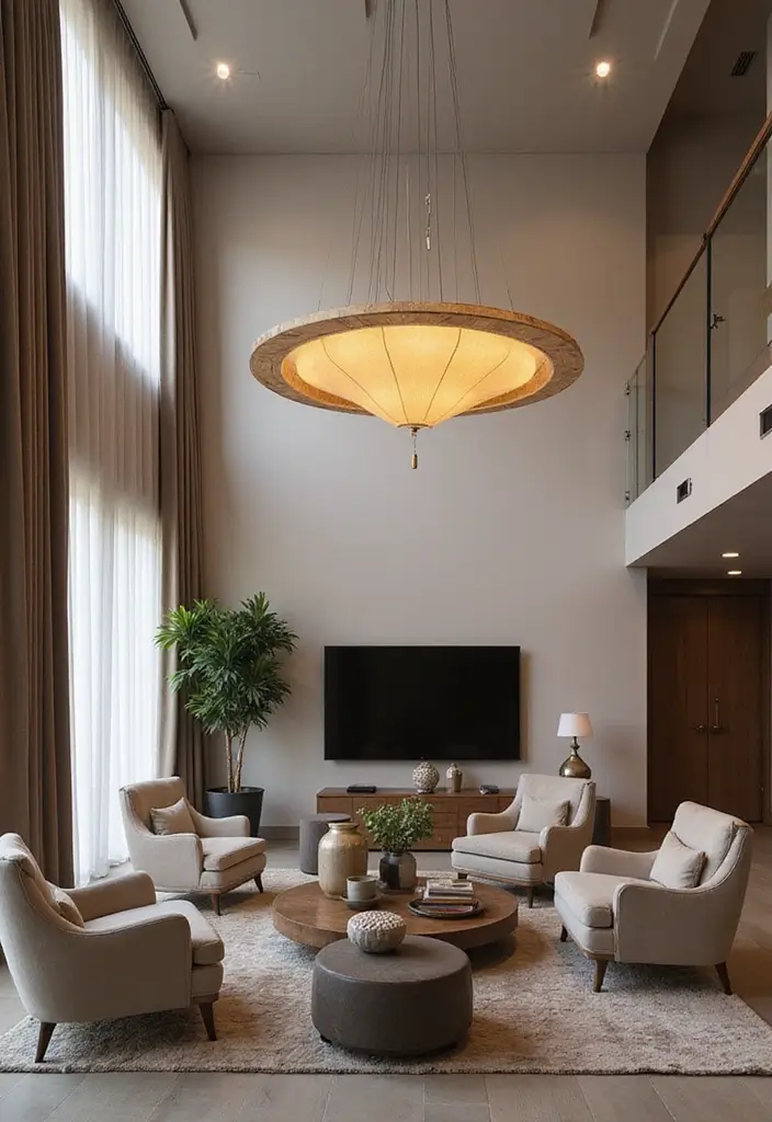 25 High Ceiling Living Room Designs That Feel Grand and Airy - 2. Statement Lighting Fixtures