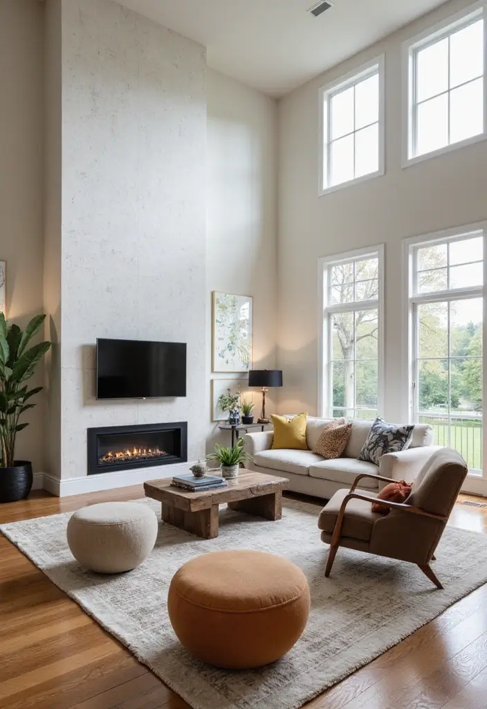25 High Ceiling Living Room Designs That Feel Grand and Airy - 22. Statement Furniture Pieces