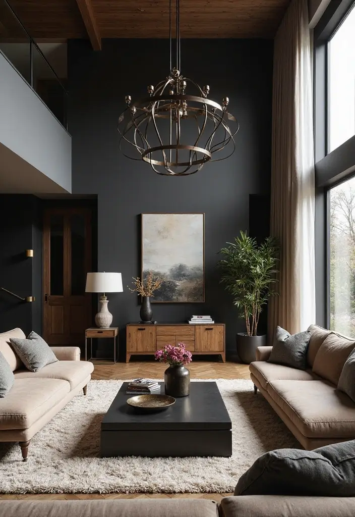 25 High Ceiling Living Room Designs That Feel Grand and Airy - 23. Contrasting Elements