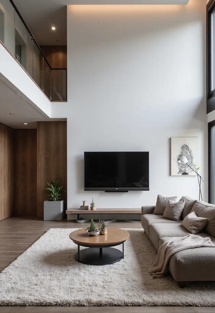 25 High Ceiling Living Room Designs That Feel Grand and Airy - 24. Incorporating Technology