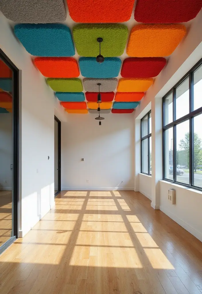 25 Modern Ceiling Designs That Redefine Elegance - 16. Colorful Acoustic Tiles