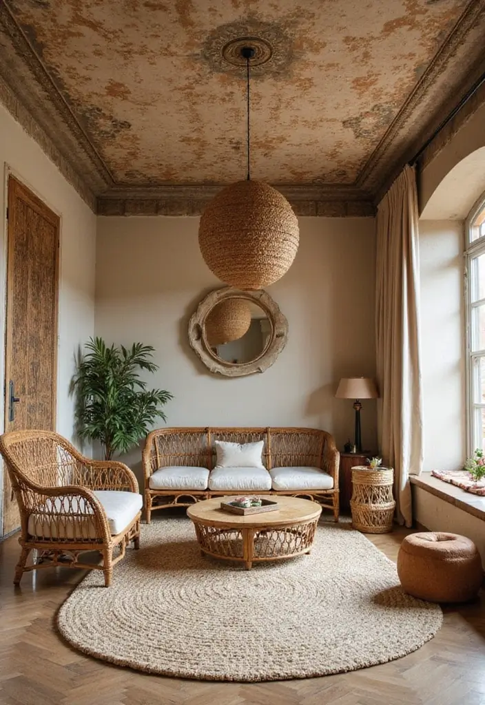 25 Painted Ceiling Inspirations That Totally Transform a Room - 16. Rattan and Wicker Accents