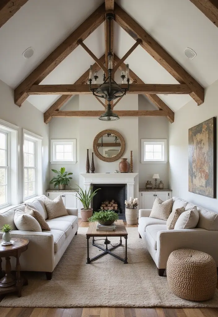 25 Vaulted Ceiling Beam Inspirations That Steal the Show - 13. Rustic Farmhouse Beams with Metal Accents