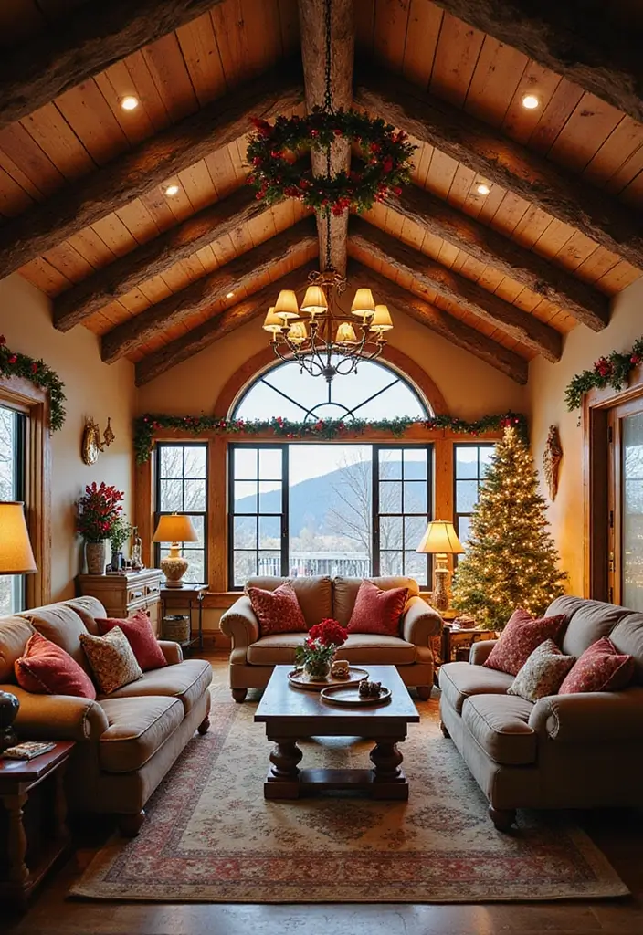 25 Vaulted Ceiling Beam Inspirations That Steal the Show - 25. Seasonal Beam Decor