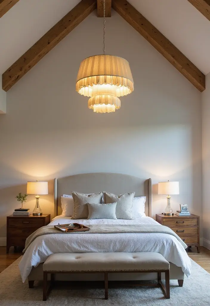 25 Vaulted Ceiling Bedroom Inspirations That Feel Dreamy 10 25 Vaulted Ceiling Bedroom Inspirations That Feel Dreamy - 10. Bold Lighting Fixtures