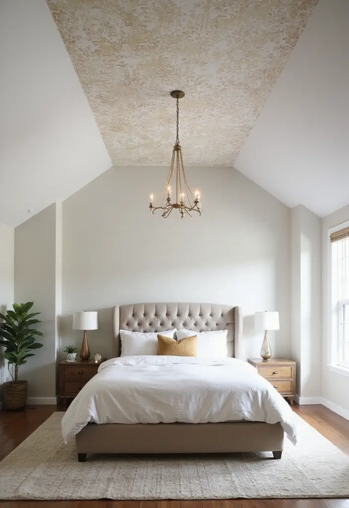 25 Vaulted Ceiling Bedroom Inspirations That Feel Dreamy 14 25 Vaulted Ceiling Bedroom Inspirations That Feel Dreamy - 14. Artistic Ceiling Treatments