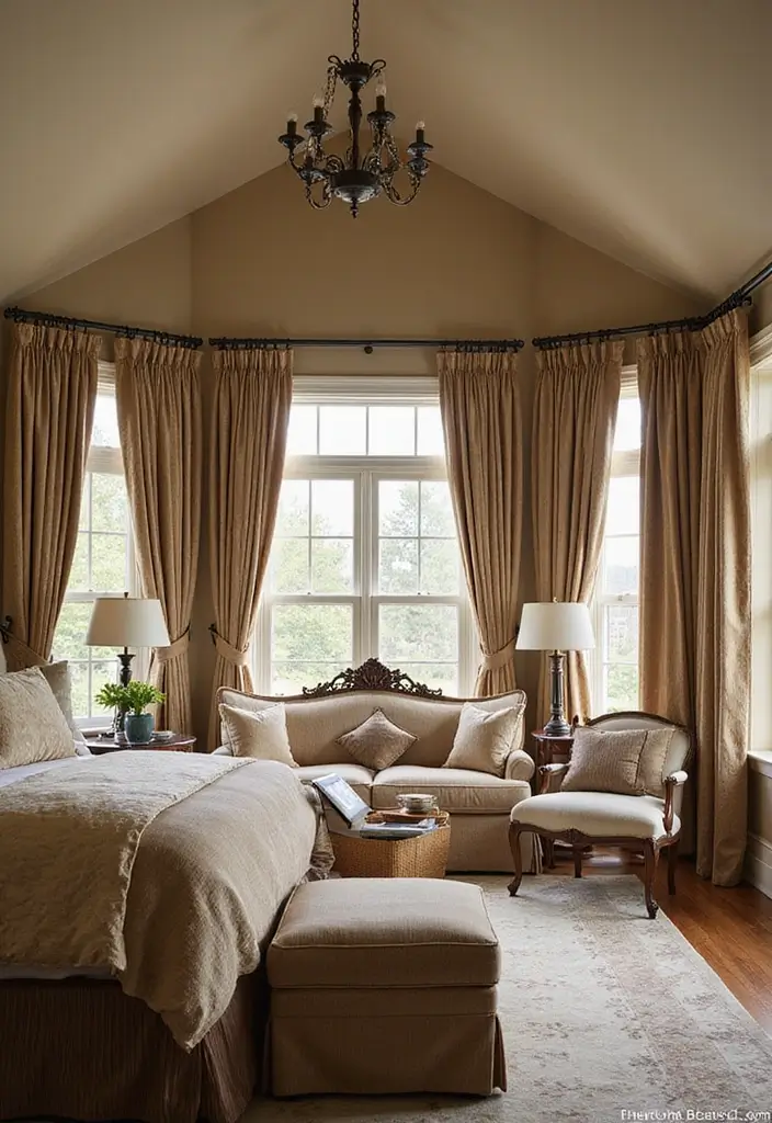 25 Vaulted Ceiling Bedroom Inspirations That Feel Dreamy 16 25 Vaulted Ceiling Bedroom Inspirations That Feel Dreamy - 16. Luxurious Drapery
