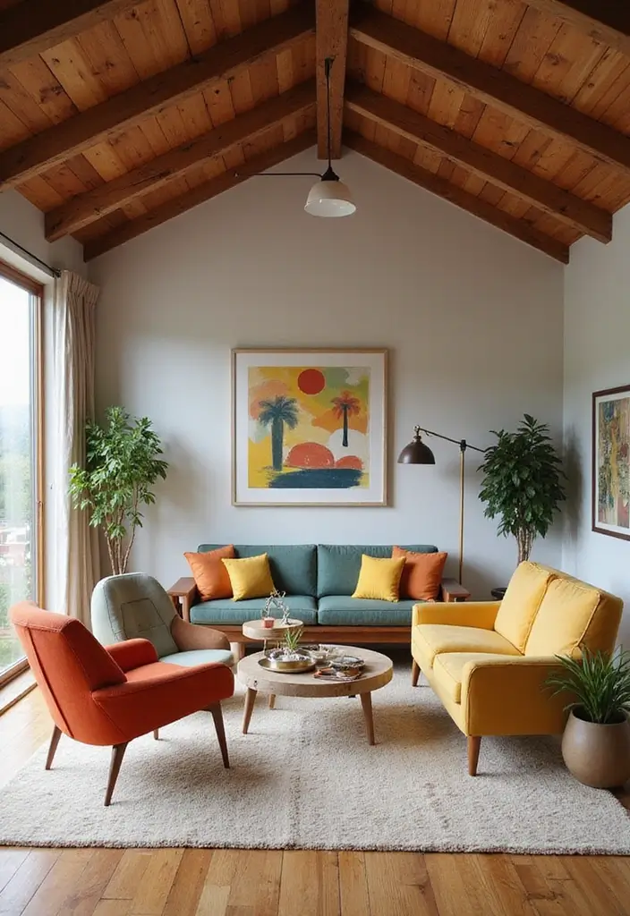 25 Vaulted Ceiling Living Room Inspirations That Wow Guests - 15. Mid-Century Modern Touches