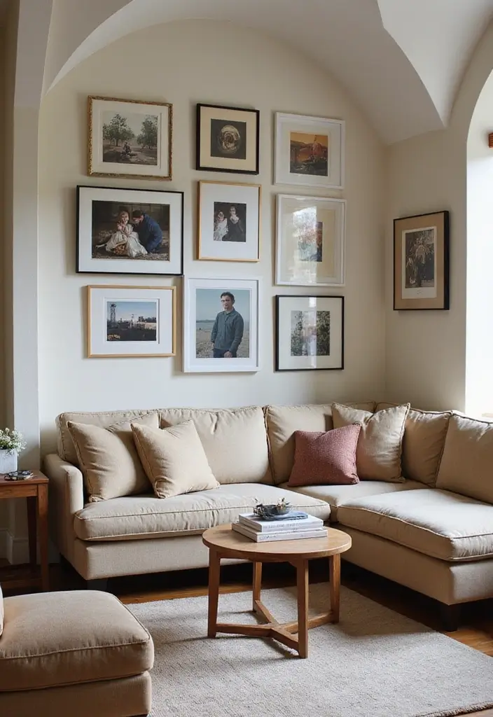 25 Vaulted Ceiling Living Room Inspirations That Wow Guests - 16. Personal Artwork Displays