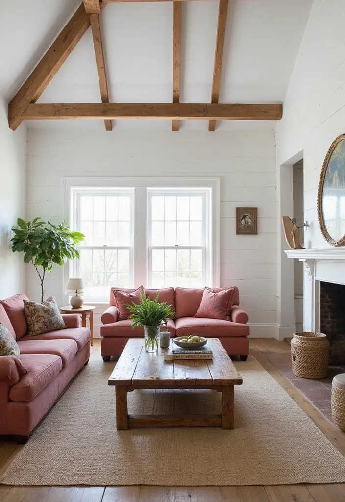 25 Vaulted Ceiling Living Room Inspirations That Wow Guests - 2. Farmhouse Elegance with Whitewashed Walls