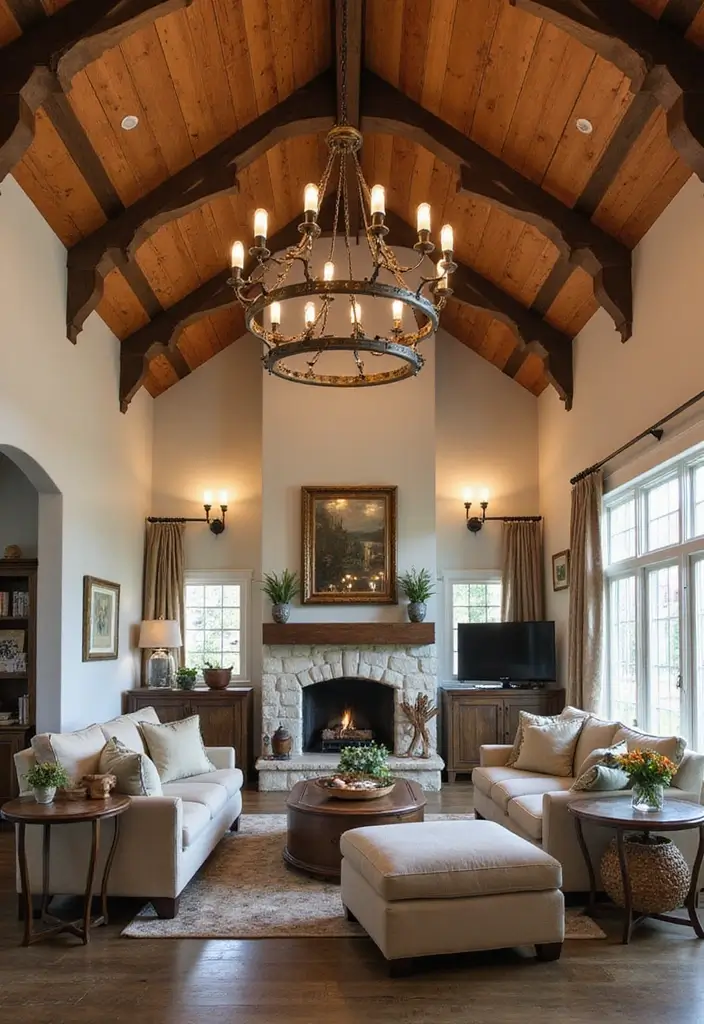 25 Vaulted Ceiling Living Room Inspirations That Wow Guests - 4. Statement Lighting Fixtures