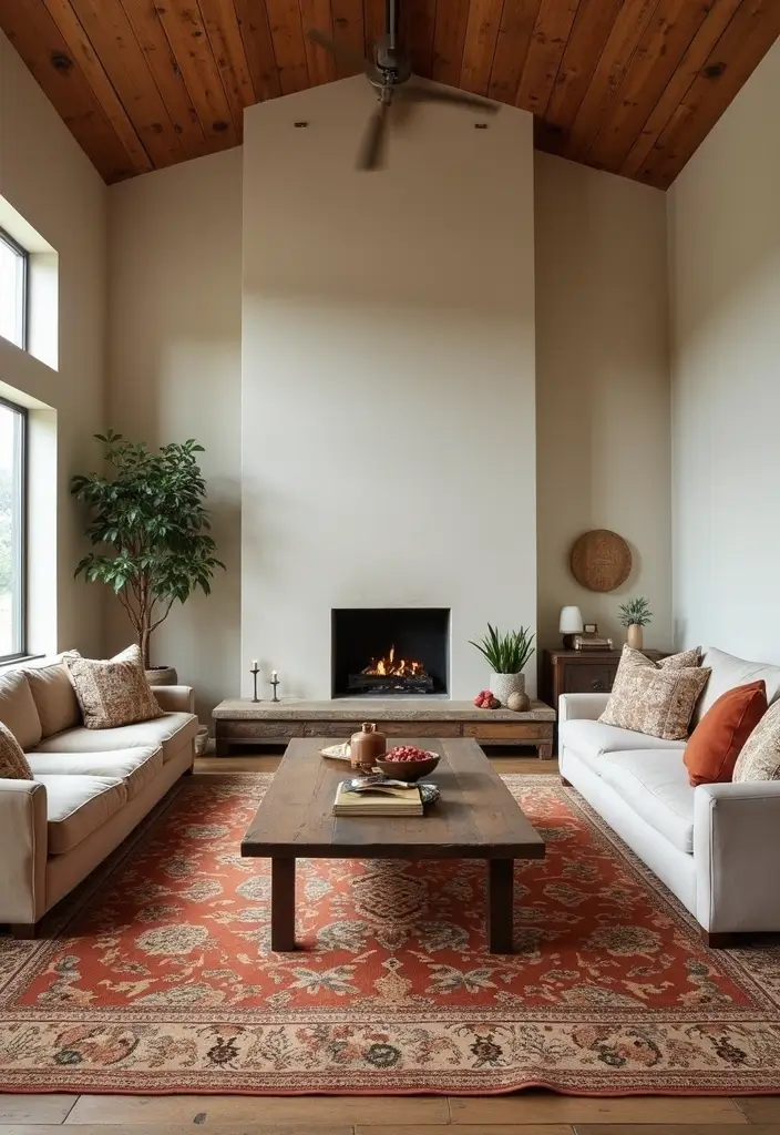 25 Vaulted Ceiling Living Room Inspirations That Wow Guests - 5. Warm Rugs to Ground the Space