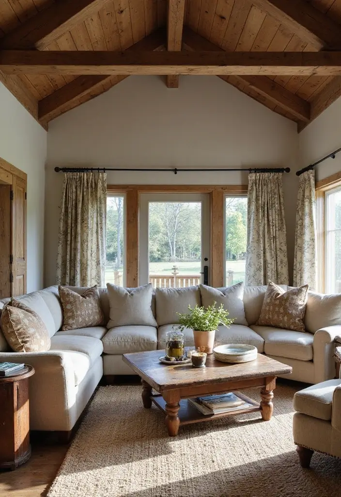 25 Vaulted Ceiling Living Room Inspirations That Wow Guests - 8. Farmhouse-Style Furniture