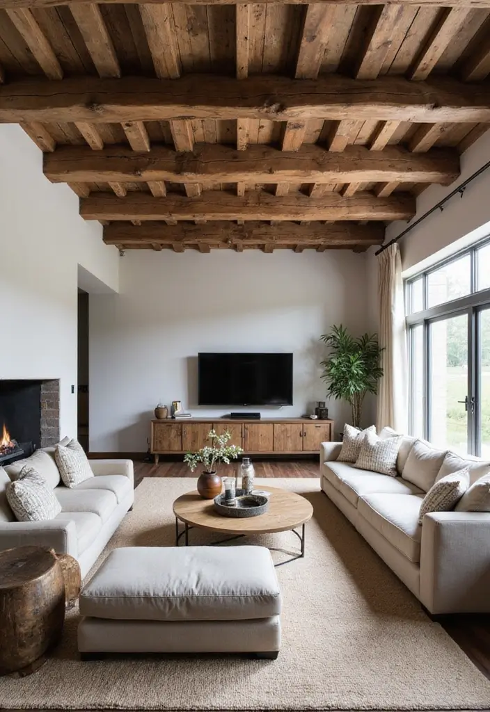 27 Creative Ceiling Ideas for Living Room That Guests Will Notice - 1. Reclaimed Wood Beams for Rustic Charm