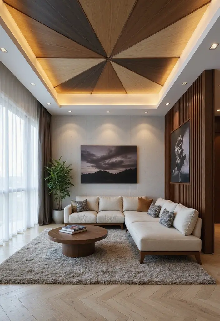 27 Creative Ceiling Ideas for Living Room That Guests Will Notice - 11. Geometric Ceilings for Modern Appeal