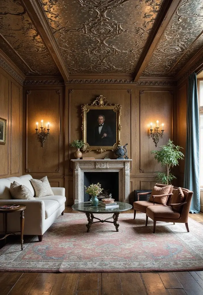 27 Creative Ceiling Ideas for Living Room That Guests Will Notice - 12. Vintage Tin Ceilings for Timeless Elegance