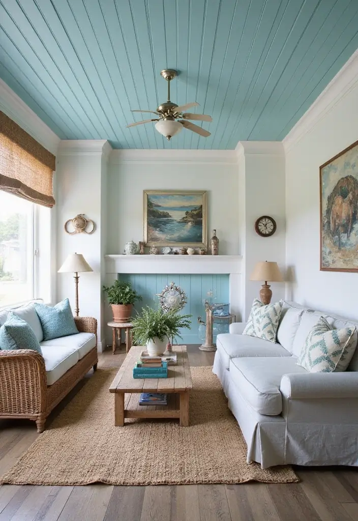 27 Creative Ceiling Ideas for Living Room That Guests Will Notice - 13. Painted Beadboard for Nautical Charm