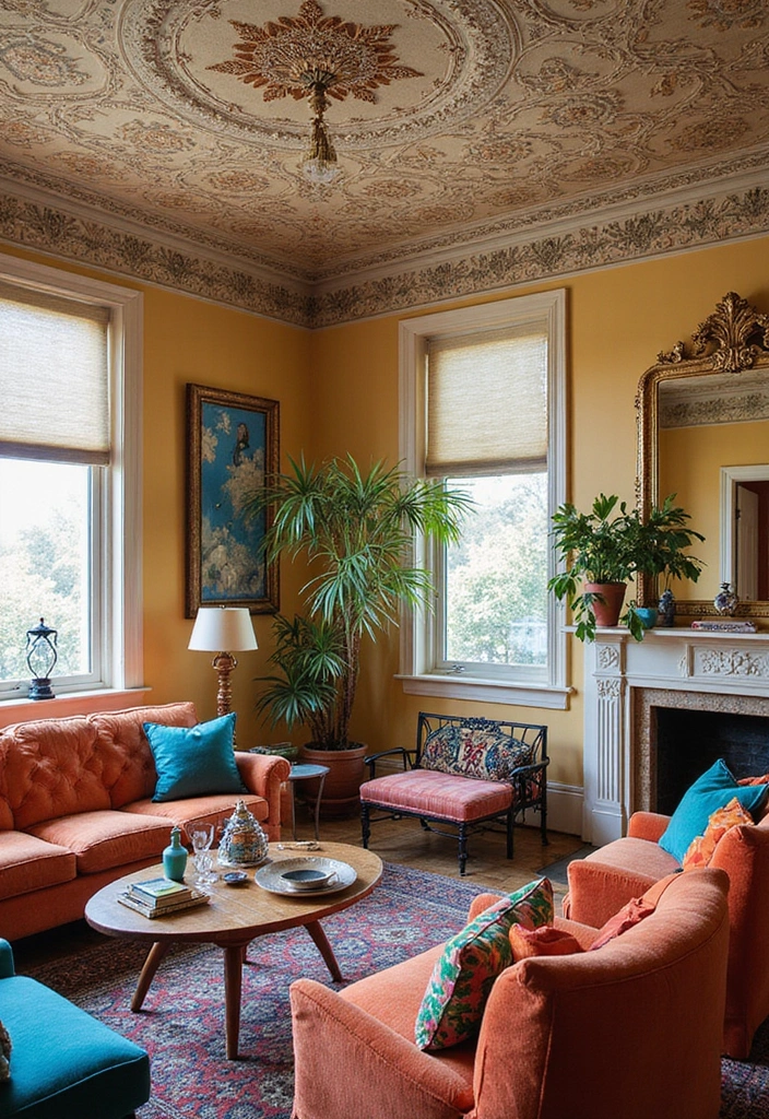 27 Creative Ceiling Ideas for Living Room That Guests Will Notice - 14. Stenciled Ceilings for Personalized Style
