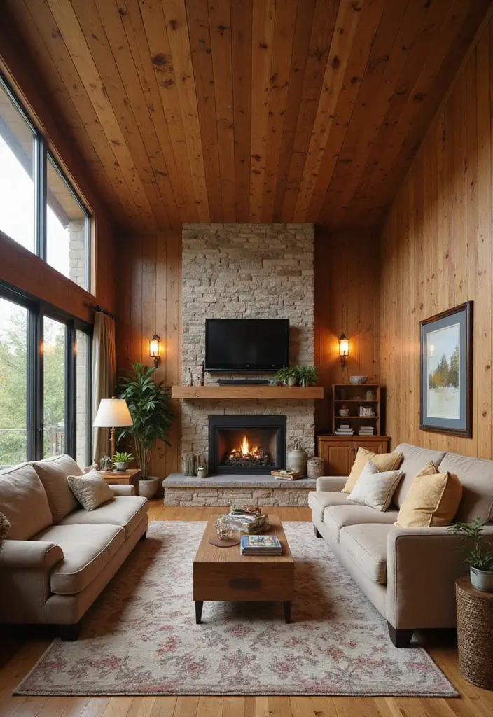 27 Creative Ceiling Ideas for Living Room That Guests Will Notice - 15. Wood Paneling for a Cozy Retreat