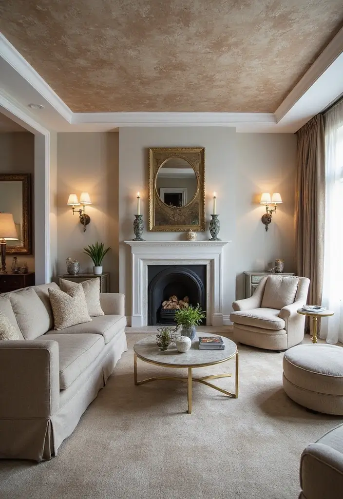 27 Creative Ceiling Ideas for Living Room That Guests Will Notice - 17. Faux Finish Ceilings for Affordable Style
