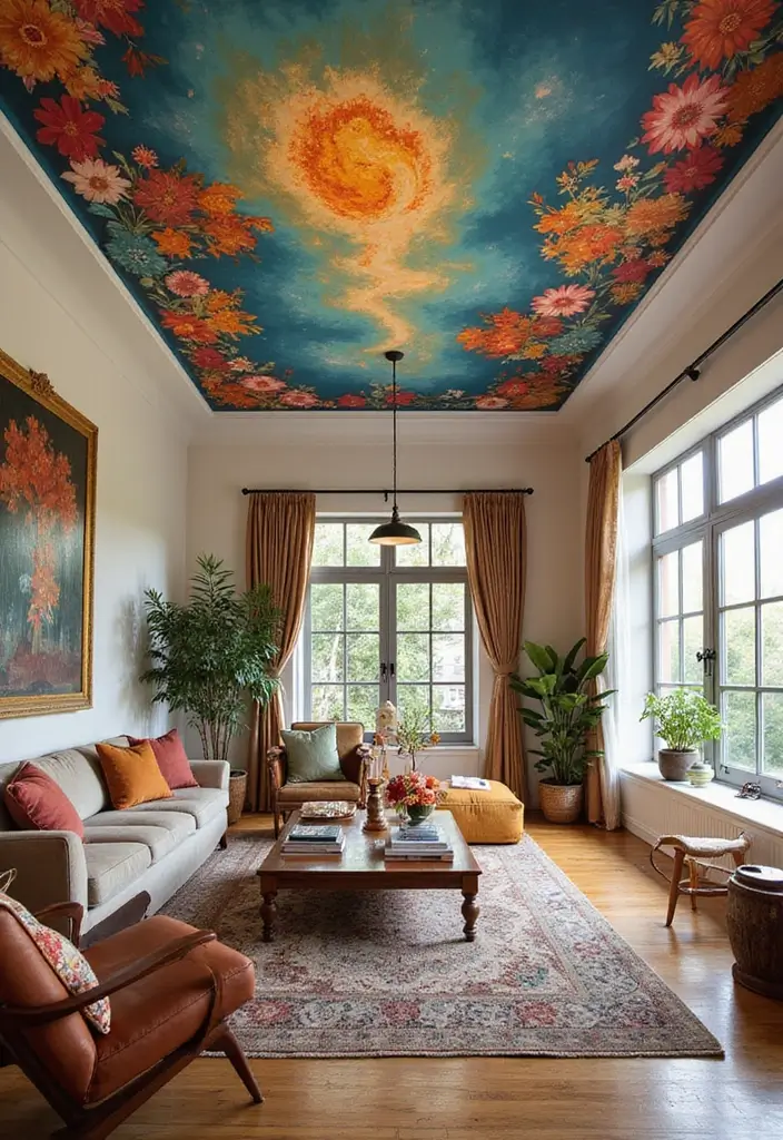 27 Creative Ceiling Ideas for Living Room That Guests Will Notice - 18. Ceiling Murals for Artistic Expression