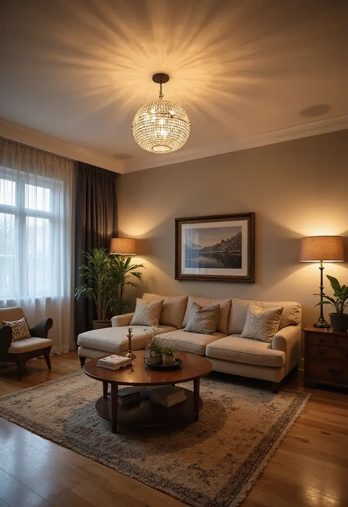 27 Creative Ceiling Ideas for Living Room That Guests Will Notice - 21. Ceiling Lights as Focal Points