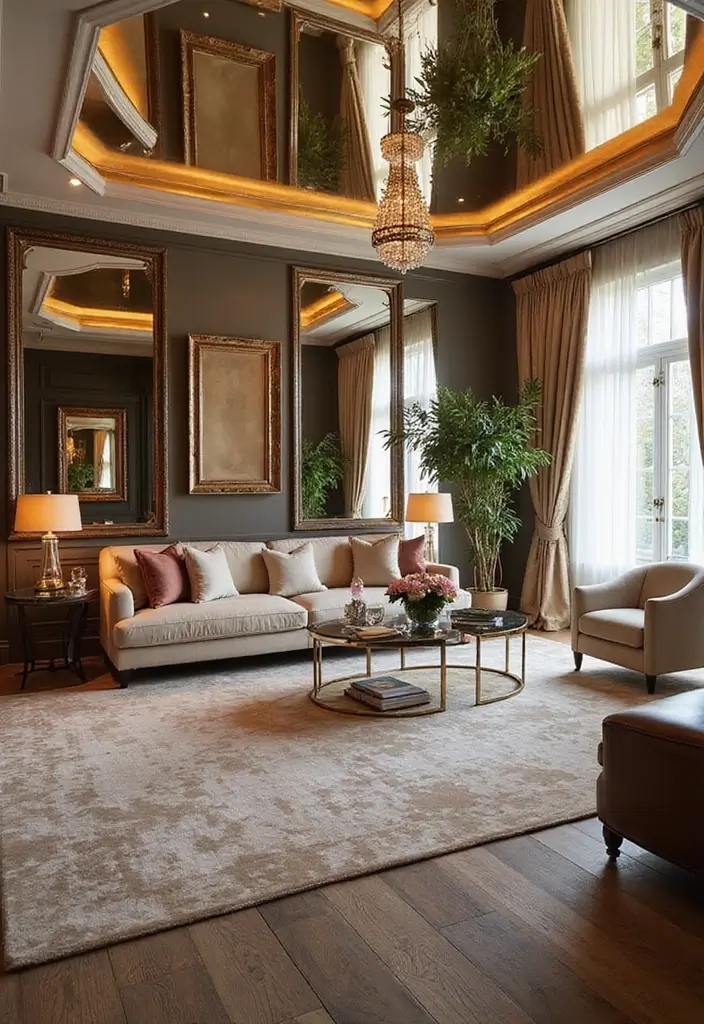 27 Creative Ceiling Ideas for Living Room That Guests Will Notice - 24. Mirrored Ceilings for a Glamorous Touch
