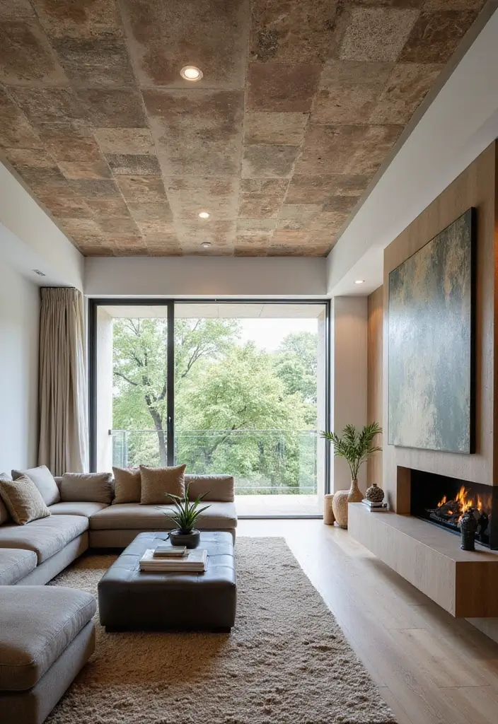 27 Creative Ceiling Ideas for Living Room That Guests Will Notice - 26. Textured Ceilings for Depth