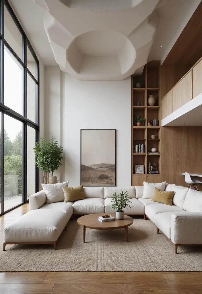 27 Creative Ceiling Ideas for Living Room That Guests Will Notice - 27. Innovative Ceiling Shapes for Visual Impact