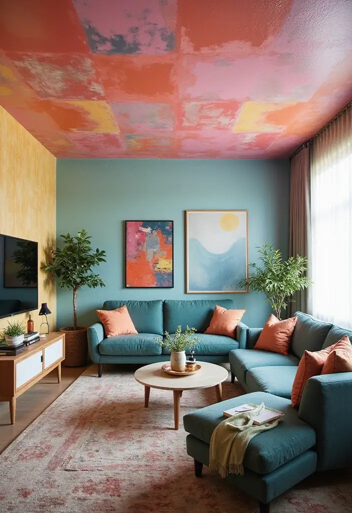 27 Creative Ceiling Ideas for Living Room That Guests Will Notice - 3. Eco-Friendly Paints for Artistic Flair