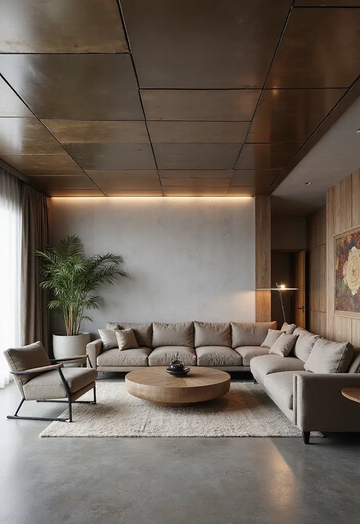 27 Creative Ceiling Ideas for Living Room That Guests Will Notice - 6. Modern Metal Panels for Sleek Elegance