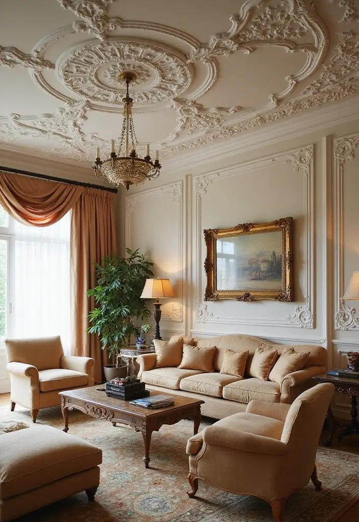 27 Creative Ceiling Ideas for Living Room That Guests Will Notice - 7. Artistic Plaster Work for Intricate Designs