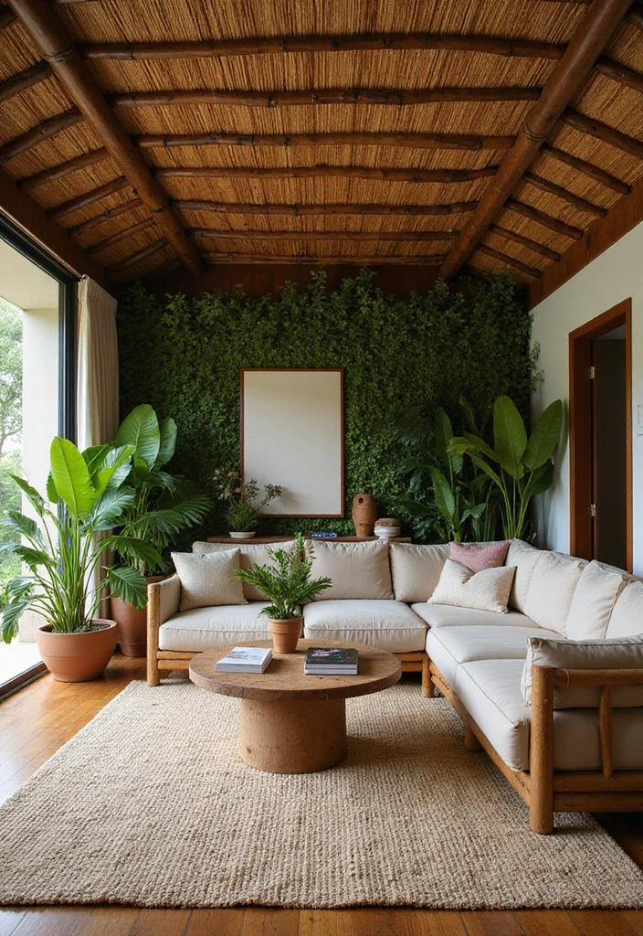 27 Creative Ceiling Ideas for Living Room That Guests Will Notice - 8. Bamboo Ceilings for a Tropical Vibe