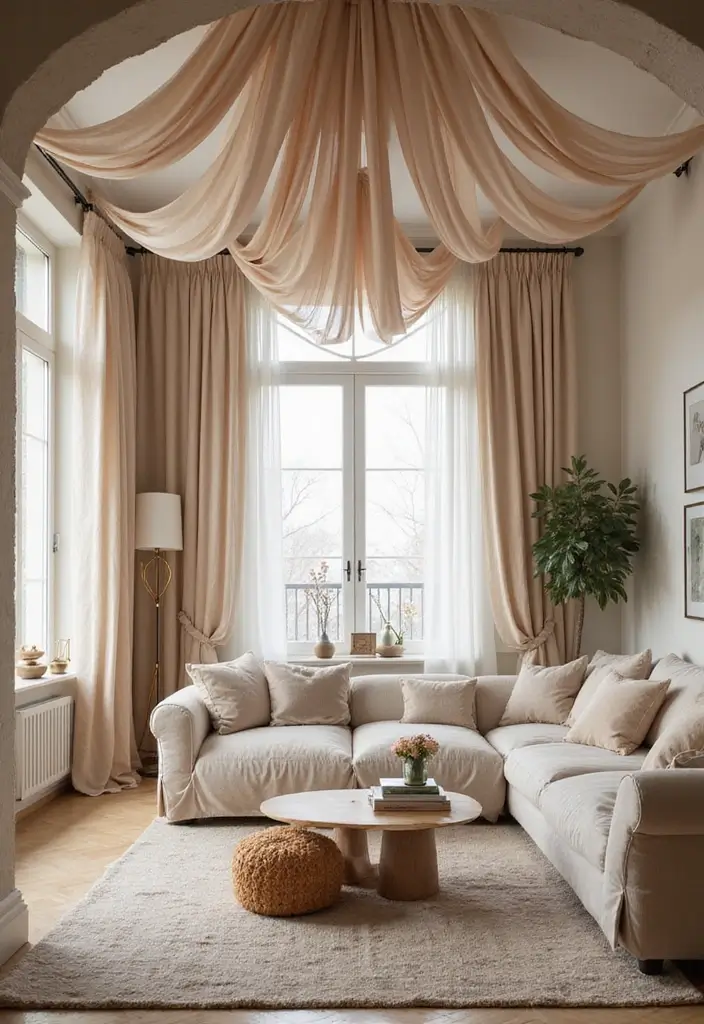 27 Creative Ceiling Ideas for Living Room That Guests Will Notice - 9. Fabric Draping for Soft Elegance