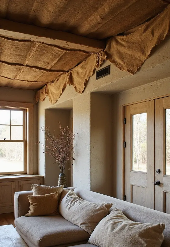 27 Fabric Ceiling Ideas That Feel Romantic and Soft - 20. Rustic Burlap Drapes