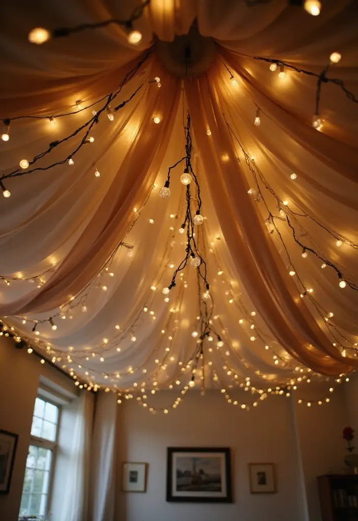 27 Fabric Ceiling Ideas That Feel Romantic and Soft - 21. Whimsical Fairy Light Canopies