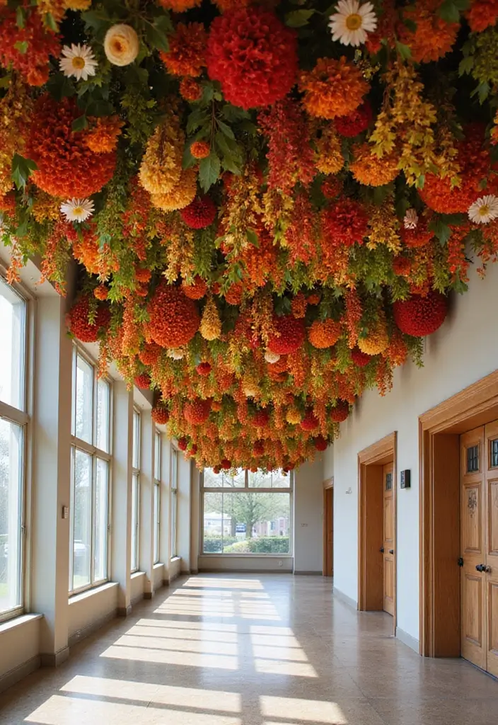 27 Fall Ceiling Designs for Hall That Feel Seasonal & Chic - 17. Ceiling-mounted Floral Displays
